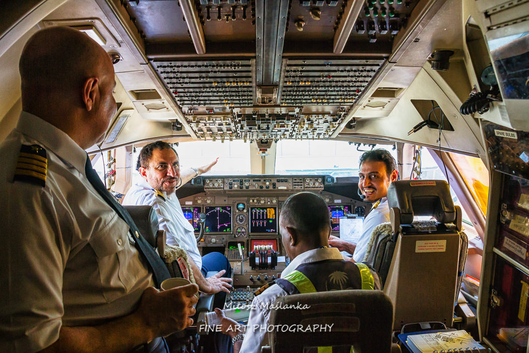 Pilots prepare the plane Boening 747 to take off before a flight to Jeddah, Saudi Arabia. Cockpit with pilots of the flight.