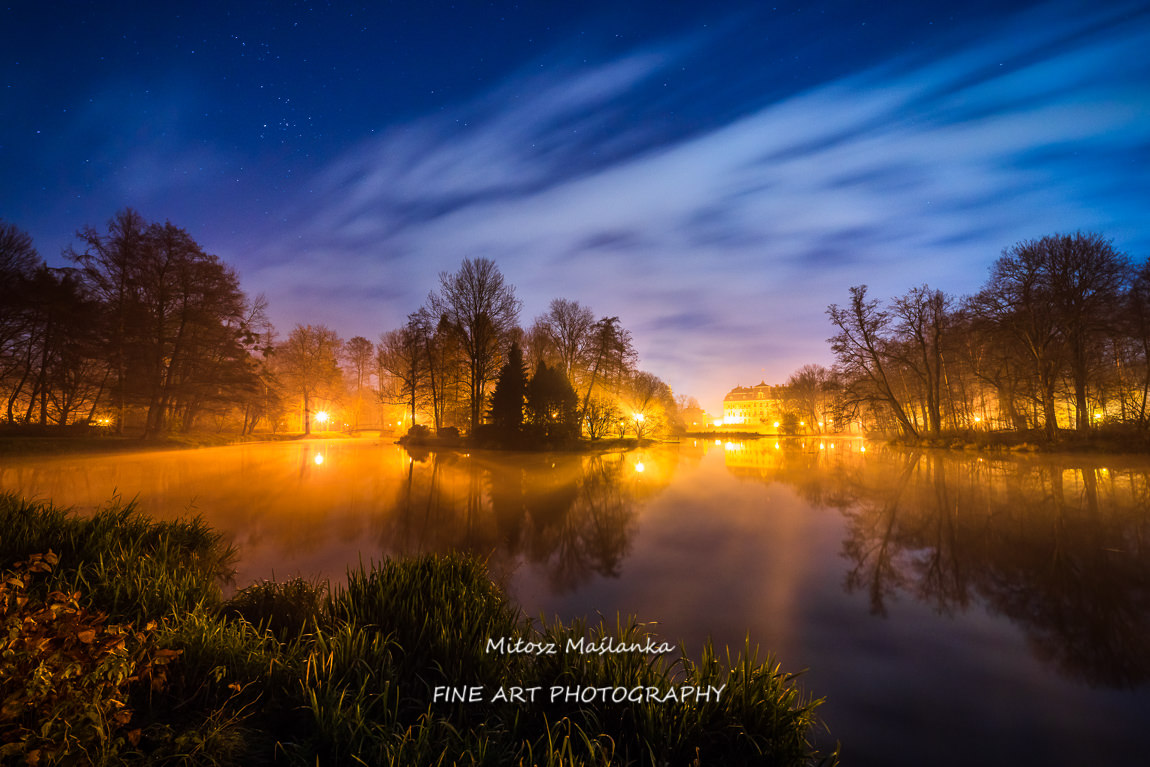 Park in Pszczyna, Poland on a starry night with gentle clouds an