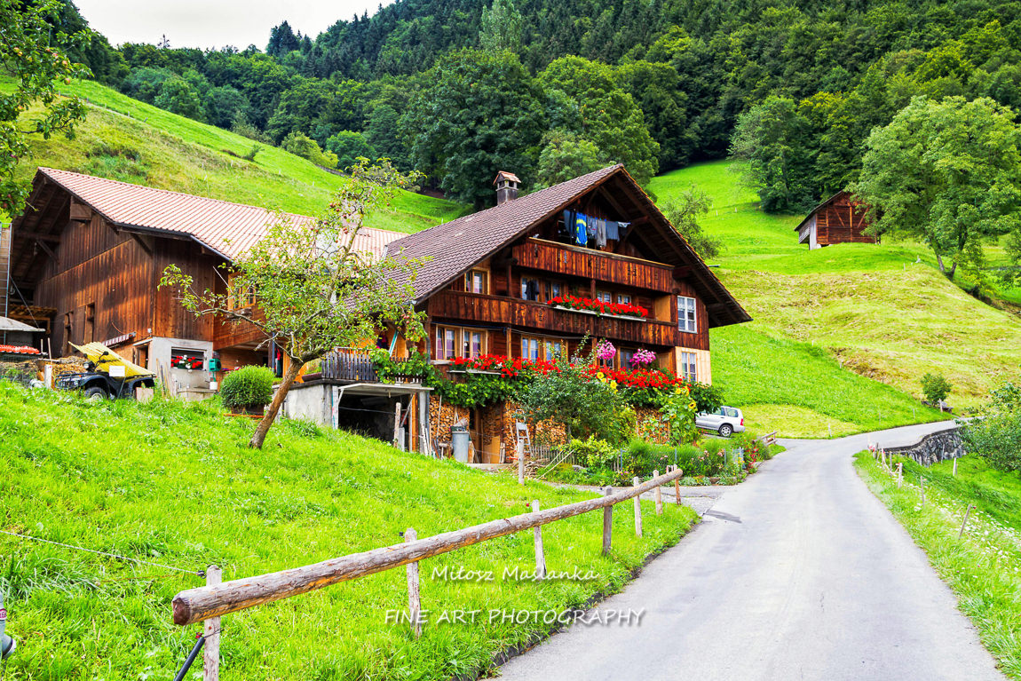 Typical swiss wood house with decorations and flowers, Switzerland.
