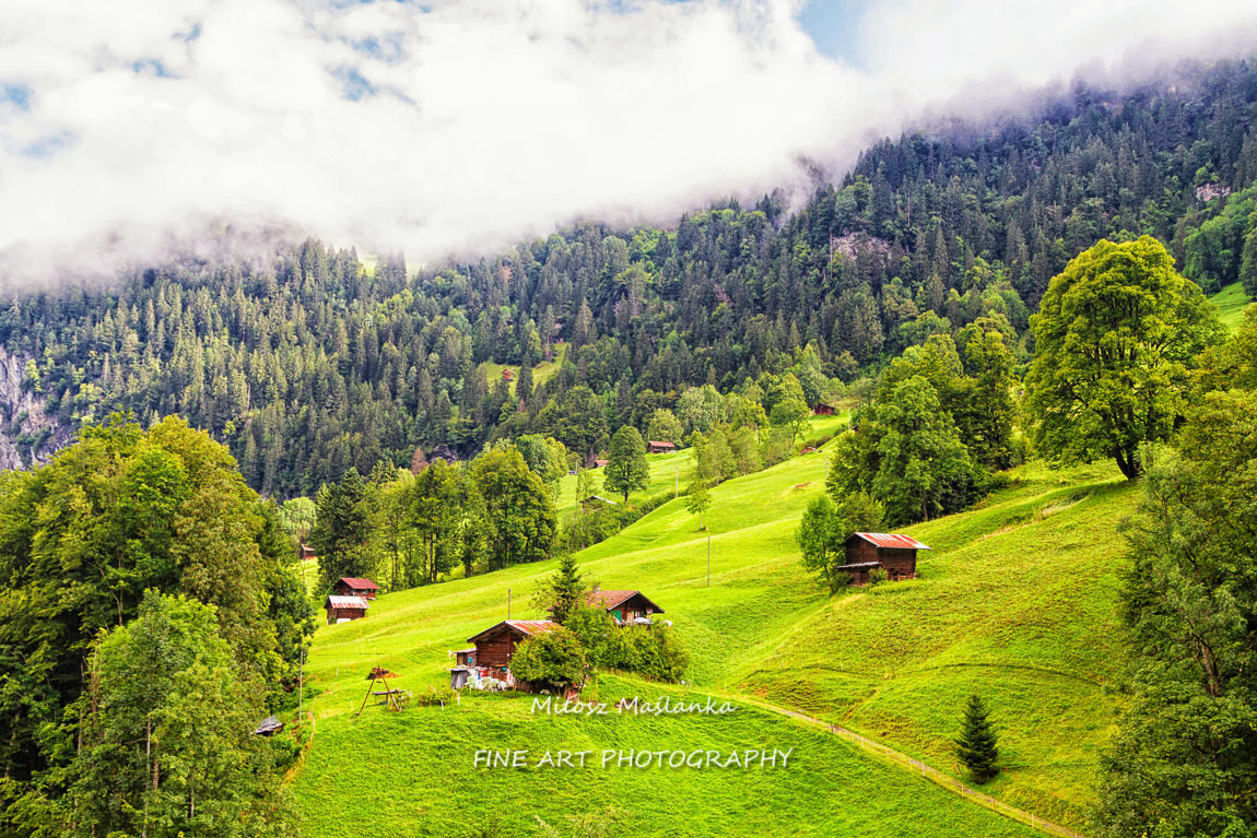 The wooden houses amongst the Swiss Alps.