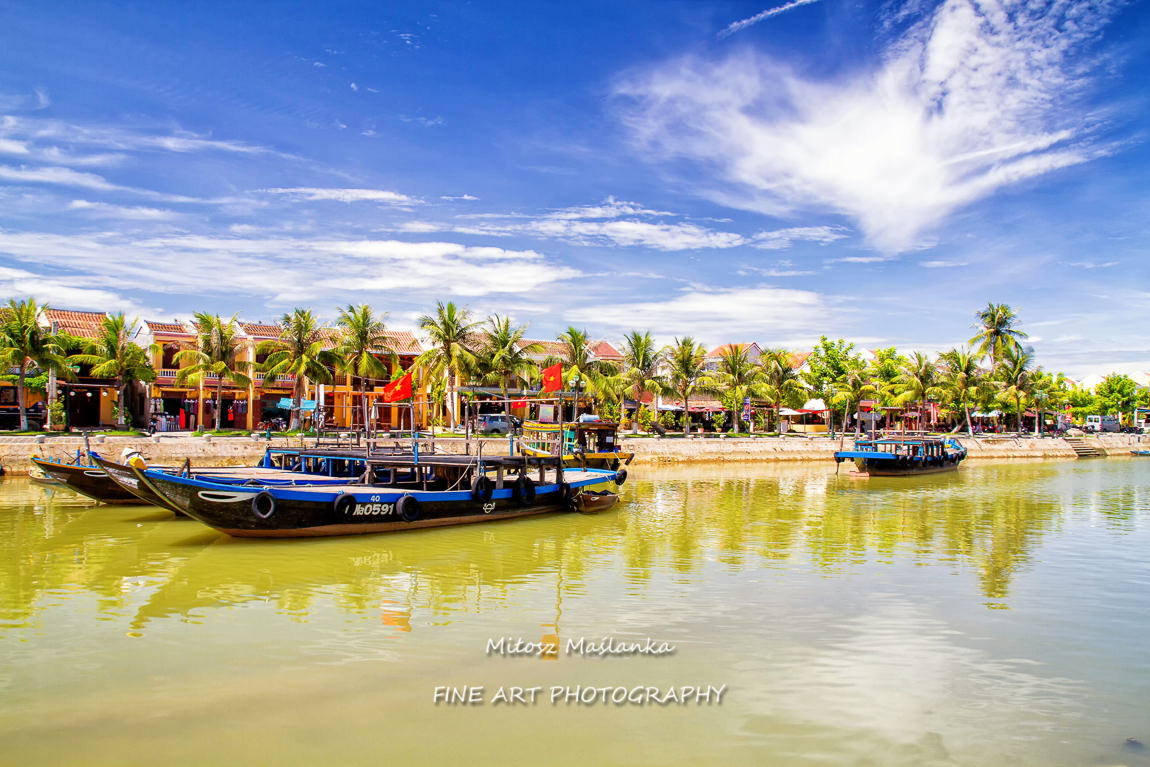 Boats moored in the harbor in Hoi An, Vietnam.