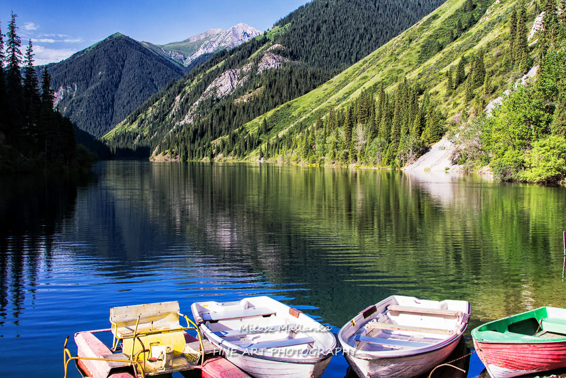Beautiful view of high mountain lake Kolsai in Kazakhstan, Tien Shan mountains, Central Asia