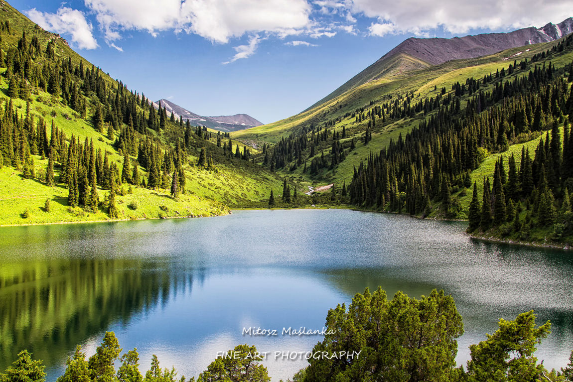 Beautiful view of high mountain lake Kolsai in Kazakhstan, Tien Shan mountains, Central Asia