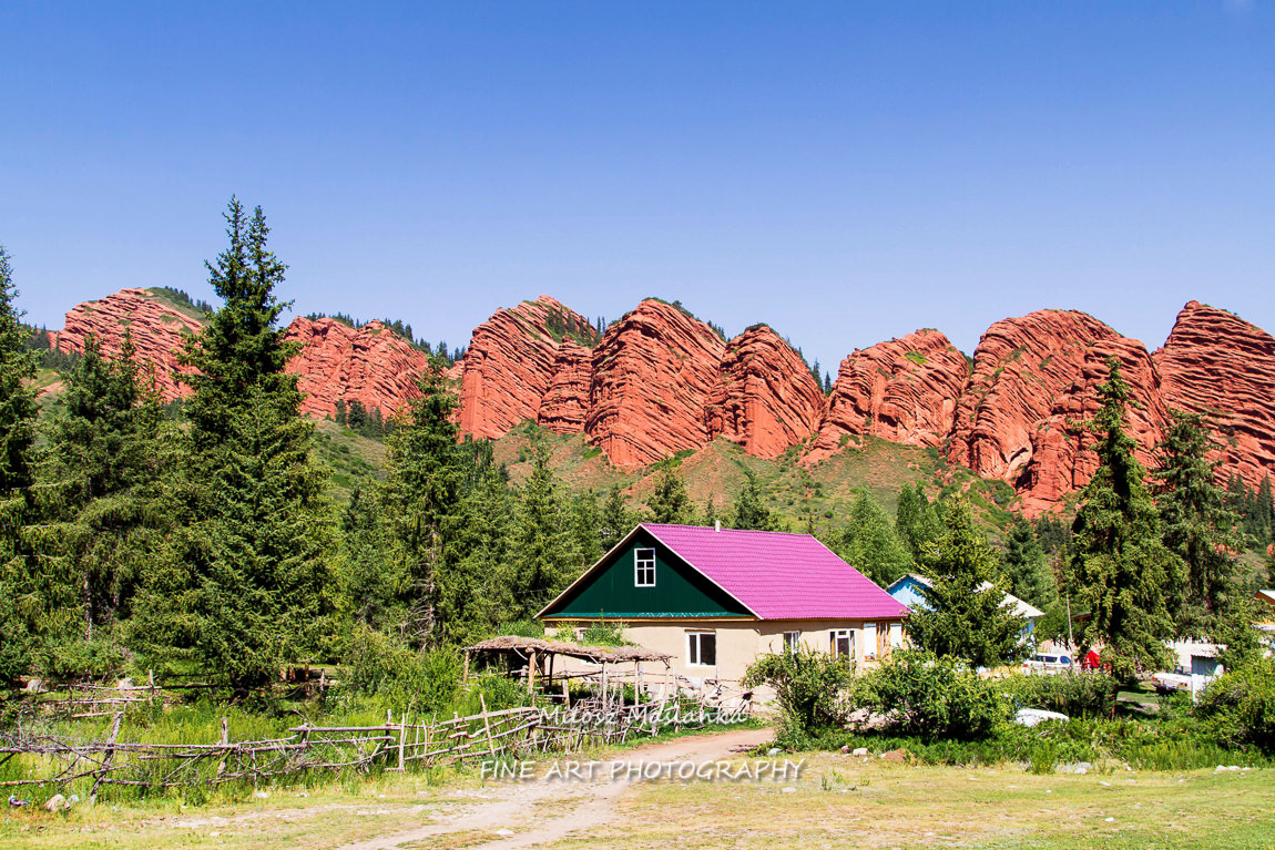 Red rock formations called Seven Bulls in Jety Oguz, Tien Shan mountains, Kyrgyzstan, Central Asia