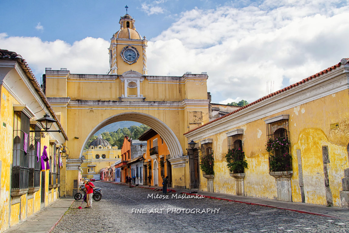 View of colonial colorful buildings in Antigua, Guatemala.