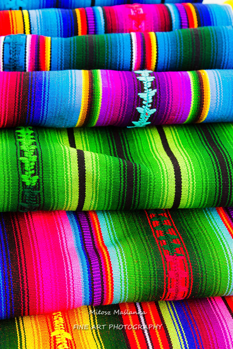 Mayan blankets textile designs on the market in Chichicastenango, Guatemala, Central America
