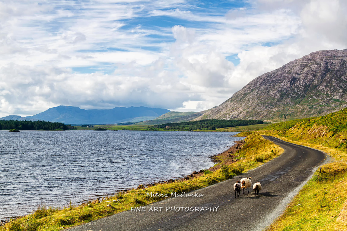 Scenic Inagh Valley during long days of Irish summer. Beautiful landscape of surrounding mountains called Twelve Bens