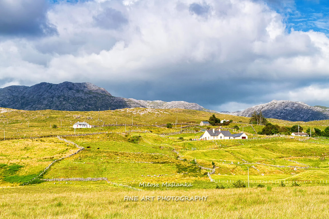 Scenic Inagh Valley during long days of Irish summer. Beautiful landscape of surrounding mountains called Twelve Bens