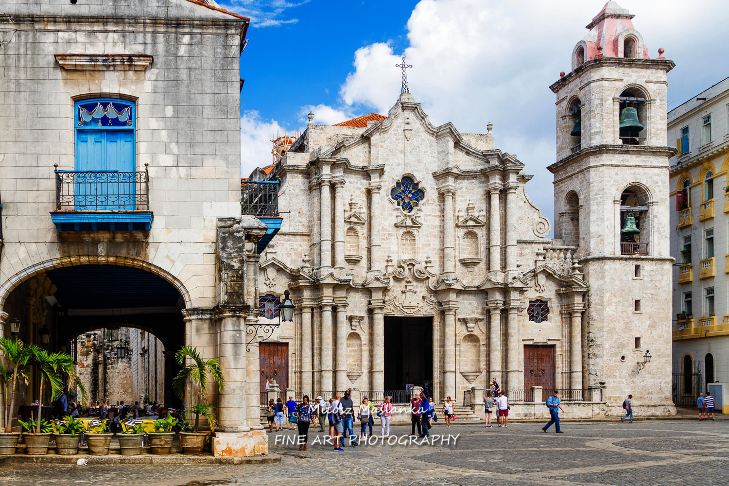 The Cathedral of Havana and the famous nearby square on a beautiful day. Plaza de la Catedral.