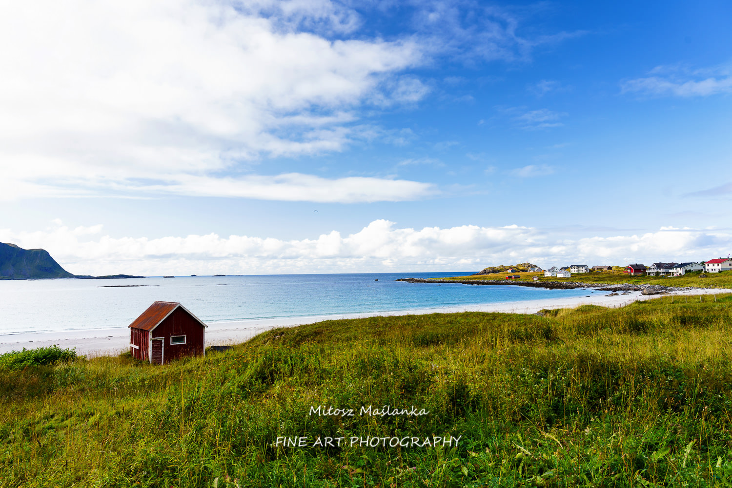 Red Rorbu at Ramberg Beach in Lofoten Islands, Norway